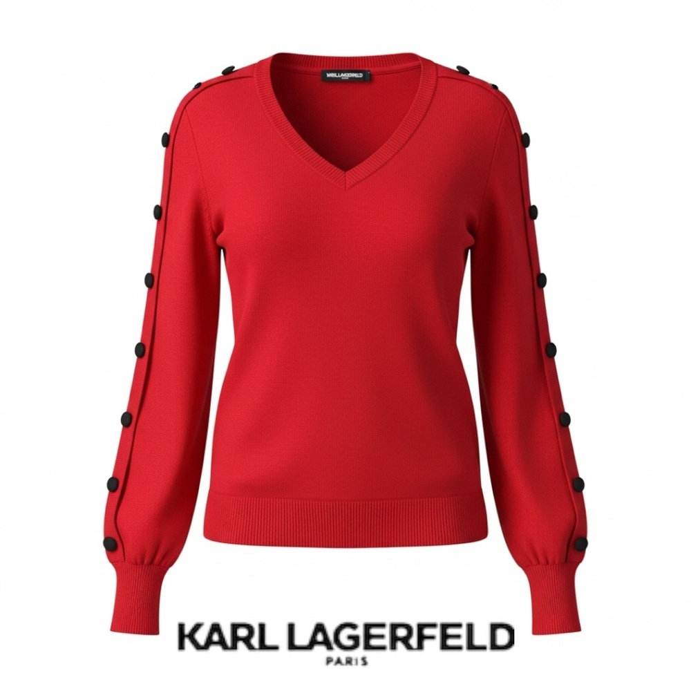 Karl Lagerfeld V-Neck Red Sweater with Button Accents